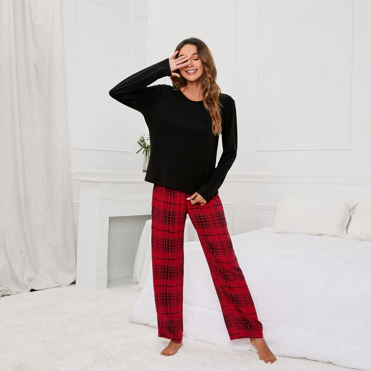 Solid Color round Neck T Printed Checks Women Casual Suit Homewear Pajamas Women - Iyanka