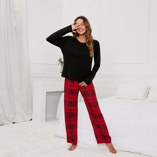 Solid Color round Neck T Printed Checks Women Casual Suit Homewear Pajamas Women - Iyanka