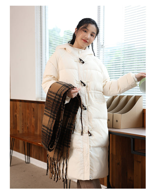 Half-High Collar Long Sleeves Bread Coat for Women Autumn Winter Thick Windproof Extended Long Coat White Duck down Hooded down Jacket - Iyanka