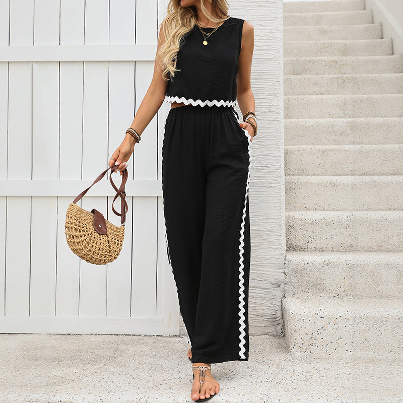 Summer Office Contrast Color Lace Stitching Sleeveless Vest Trousers Two Piece Set for Women - Iyanka
