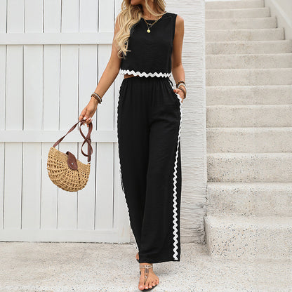 Summer Office Contrast Color Lace Stitching Sleeveless Vest Trousers Two Piece Set for Women - Iyanka