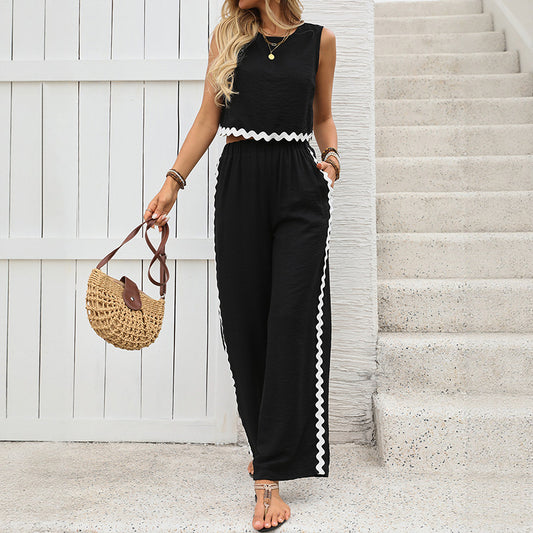 Summer Office Contrast Color Lace Stitching Sleeveless Vest Trousers Two Piece Set for Women - Iyanka