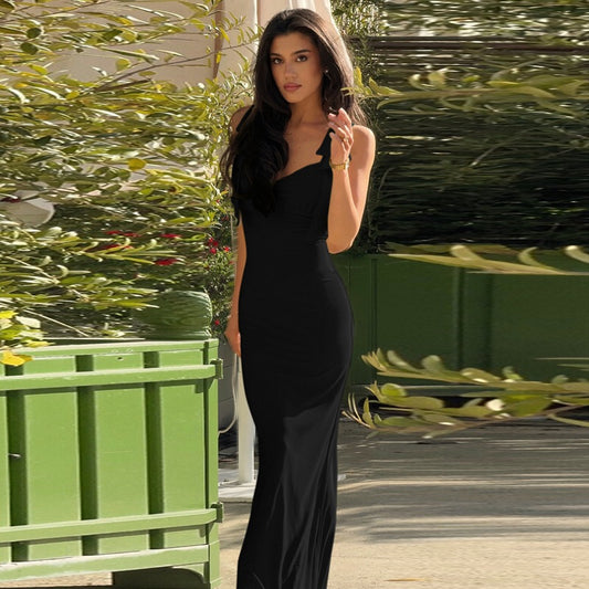 Women Clothing Summer Solid Color Sexy V neck Lace up Waist Controlled Slimming Tight Hip Dress