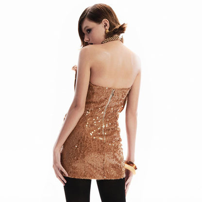 Premium Brown Sequined Evening Dress Three Dimensional Floral Ruffled Design Star Same Slim Fit Dress - Iyanka