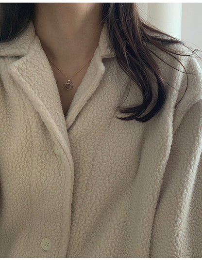 Korean Autumn Winter Lamb Wool Home Wear Suit High Grade Collared Cardigan Teddy Plush Thick Thermal Pajamas - Iyanka