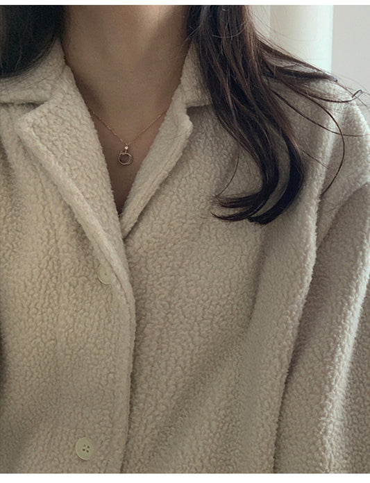 Korean Autumn Winter Lamb Wool Home Wear Suit High Grade Collared Cardigan Teddy Plush Thick Thermal Pajamas - Iyanka