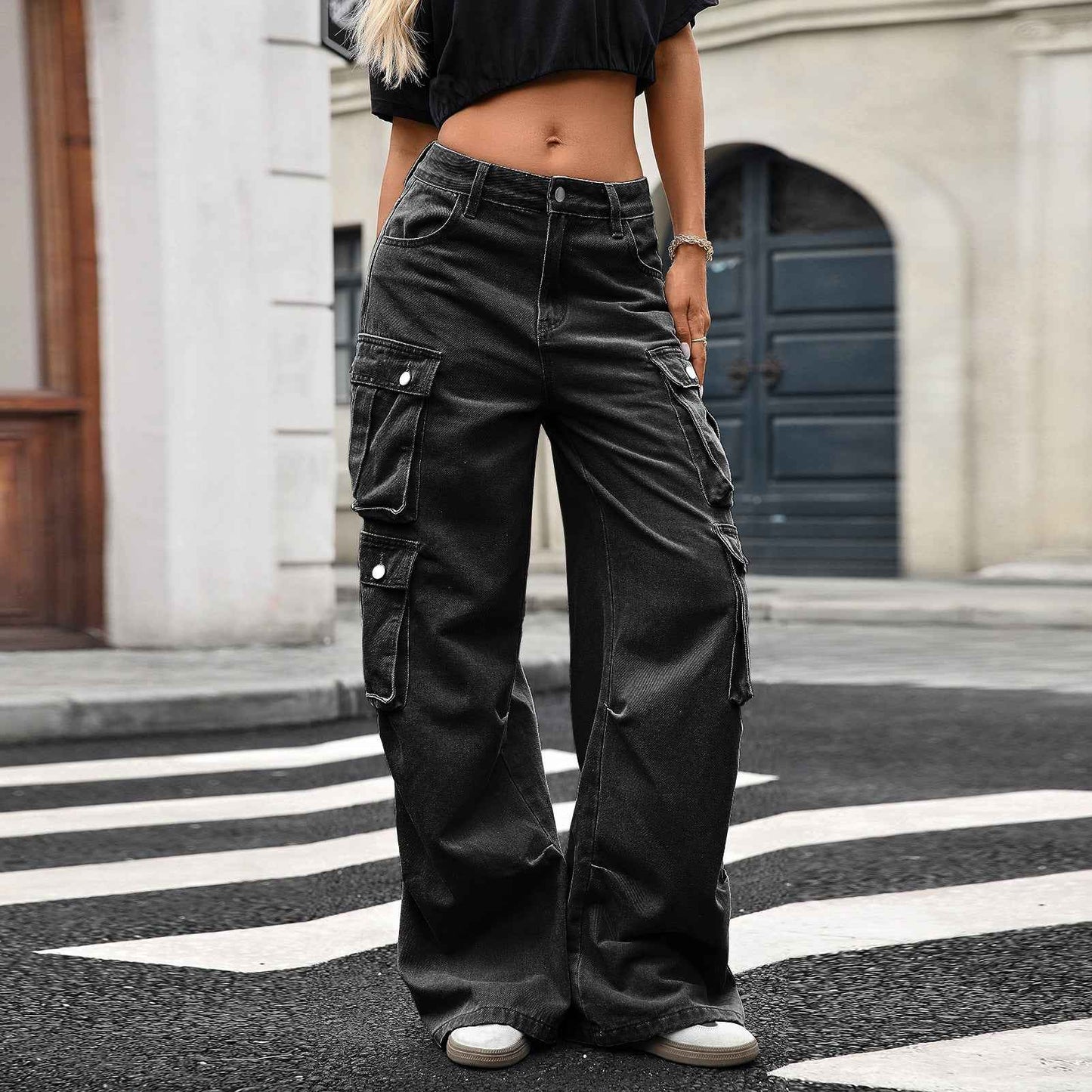 Workwear Fall Denim High Waist Straight Loose Wide Leg Pants Women
