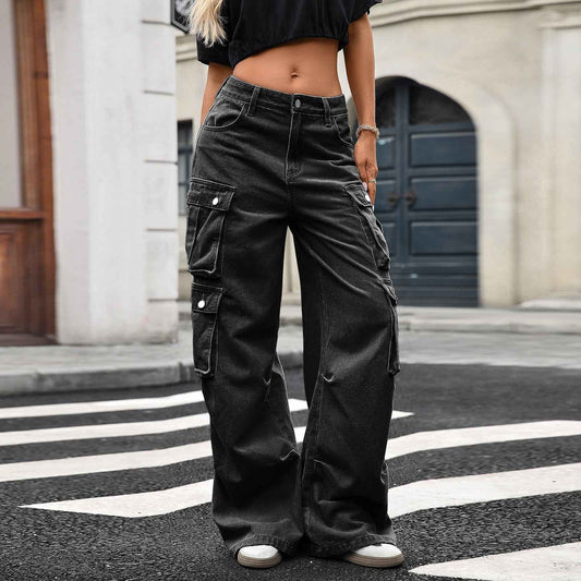 Workwear Fall Denim High Waist Straight Loose Wide Leg Pants Women