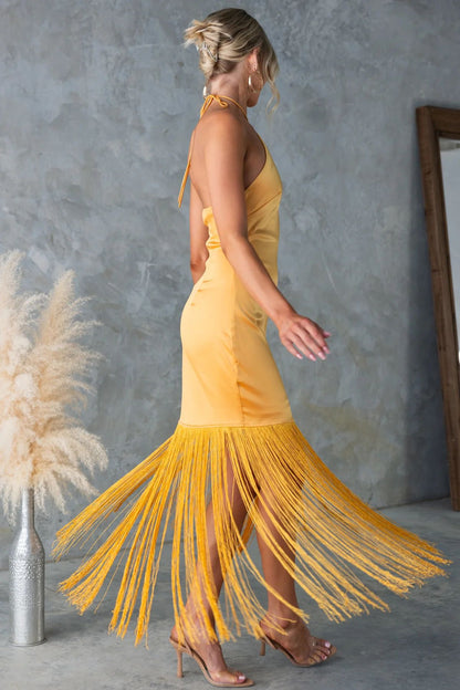 Summer Solid Color off Shoulder Tassel Skinny Sheath Dress Women