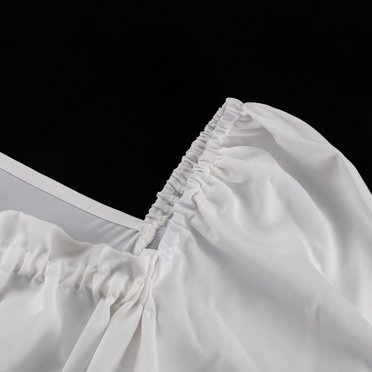French Square Collar Graceful Puff Sleeve Fitted Waist Pleated Short Dress Women Faux Two Piece A line Dress