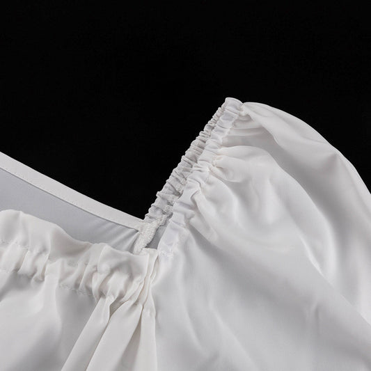 French Square Collar Graceful Puff Sleeve Fitted Waist Pleated Short Dress Women Faux Two Piece A line Dress