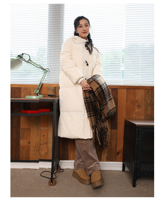 Half-High Collar Long Sleeves Bread Coat for Women Autumn Winter Thick Windproof Extended Long Coat White Duck down Hooded down Jacket - Iyanka