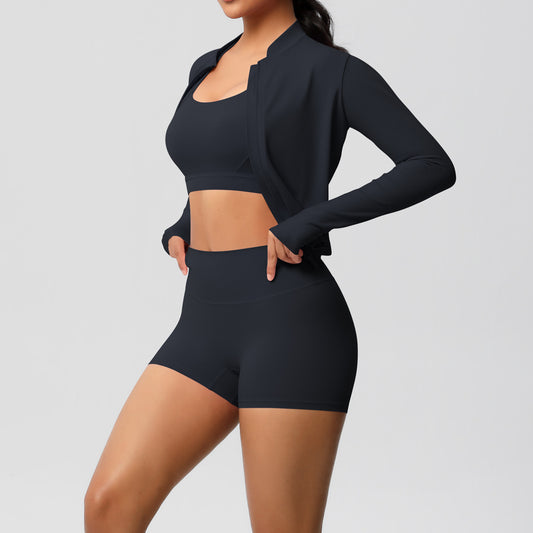 Solid Color Cloud Sense Yoga Bra Sports Coat Pilates Running Shorts Fitness Yoga Wear Three Piece Set for Women - Iyanka