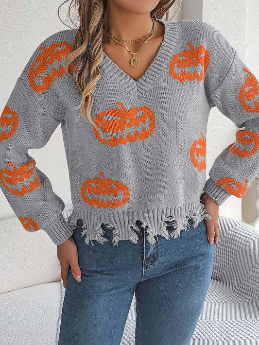 Autumn Winter Halloween Contrast Color Pumpkin Cut Rotten Long Sleeve Pullover Women Clothing - Iyanka