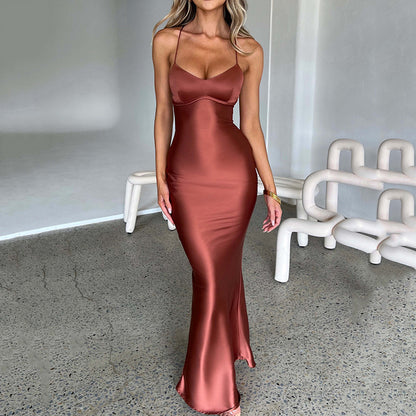 Women Clothing Sexy Strap Satin Dress Autumn Backless Lace up Waist Controlled Maxi Dress - Iyanka
