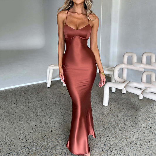 Women Clothing Sexy Strap Satin Dress Autumn Backless Lace up Waist Controlled Maxi Dress - Iyanka