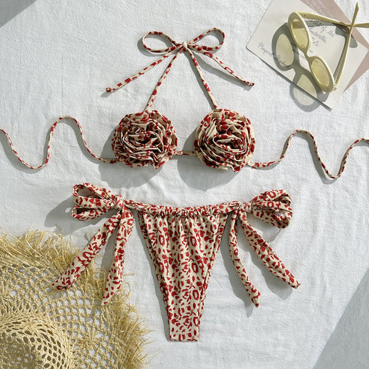 Leopard Print Floral Sexy Drawstring Strap Split Swimsuit Swimwear Bikini - Iyanka