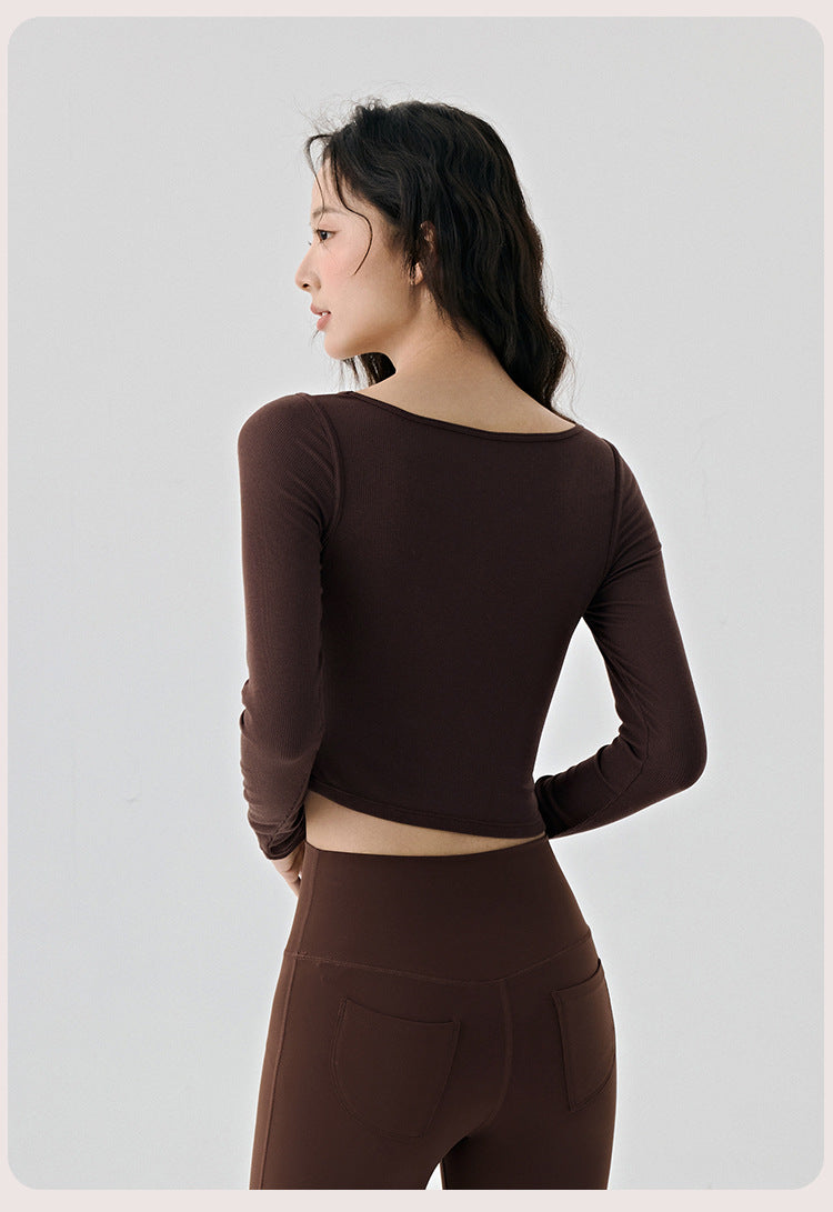 Scoop Yoga Clothing Top Women Short Slim Fit Slimming Workout Top Solid Color Shoulder Sports T shirt - Iyanka