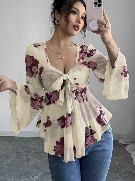 French Sweet Floral Blooming Lace up Square Collar Long Sleeve Shirt