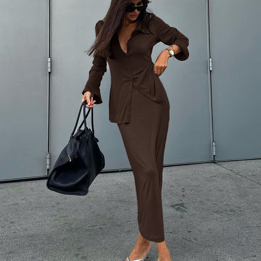 Women Collared Flared Sleeve Cardigan Top Hip Skirt Two Piece Set - Iyanka