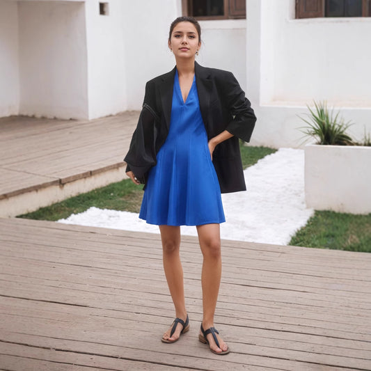 Blue V neck Cut Trim Neck Pocket Embellished A line Dress Swing Natural Scattered Women Dress
