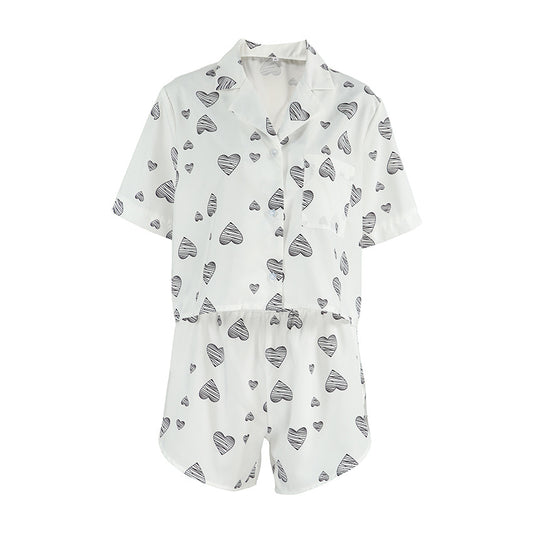 Spring Summer Heart Printing Cardigan Short Sleeve Split Shorts Pajamas Women Comfort Casual Home Wear - Iyanka