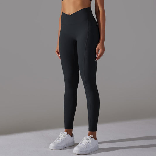 Solid Color Nude Feel Skin Friendly Cross Waist Pocket Yoga Pants High Waist Hip Lift Stretch Fitness Sports Ninth Pants - Iyanka