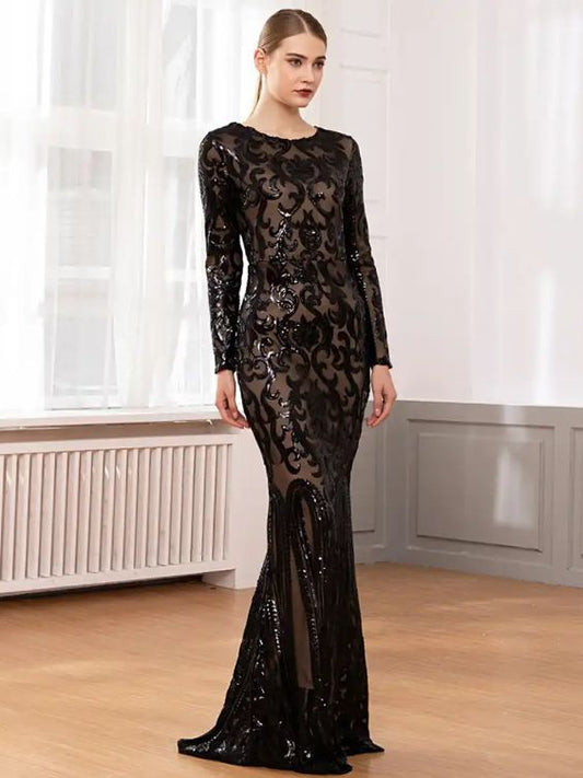 Middle East Long Sleeve Sequin Dress Long Slim Fit Hip Wrapped Cocktail Dress - Iyanka