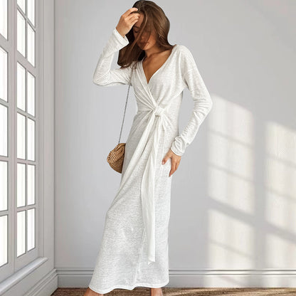 Autumn Comfort Loose Knitted Nightgown Breathable Long Sleeves Lace up Soft Outerwear Homewear - Iyanka