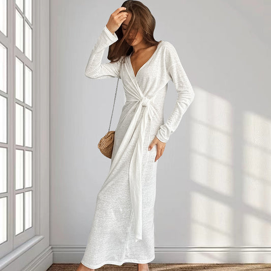 Autumn Comfort Loose Knitted Nightgown Breathable Long Sleeves Lace up Soft Outerwear Homewear - Iyanka