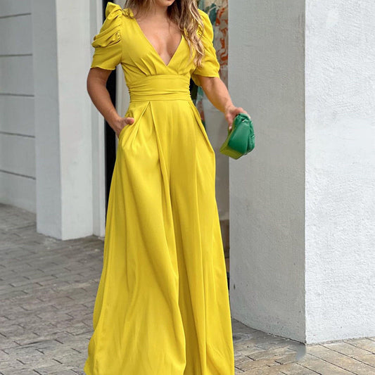 Women Clothing Short Sleeve Elegant Wide Legs Jumpsuit - Iyanka