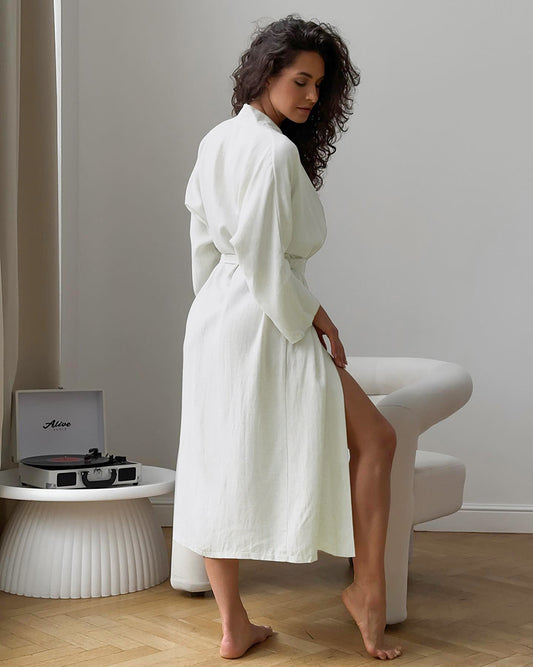 Summer Apricot Cotton Loose Cardigan Lace Up Long Sleeve Nightgown Casual Comfortable Bathrobe Women Homewear - Iyanka