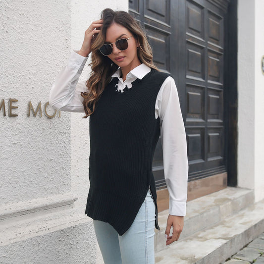 Personalized Side Zipper Split V-neck Vest Knitted Sweater Women Ripped Vest Outer Wear Women Clothing Sweater - Iyanka