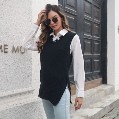Personalized Side Zipper Split V-neck Vest Knitted Sweater Women Ripped Vest Outer Wear Women Clothing Sweater - Iyanka
