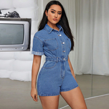 Women Clothing Denim Collared Short Sleeve Waist Controlled Romper - Iyanka
