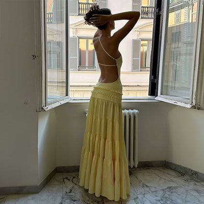 Sexy Hollow Out Cutout out Backless Stitching Tied One Shoulder Pleated Multi Layer Maxi Dress Women