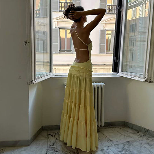 Sexy Hollow Out Cutout out Backless Stitching Tied One Shoulder Pleated Multi Layer Maxi Dress Women