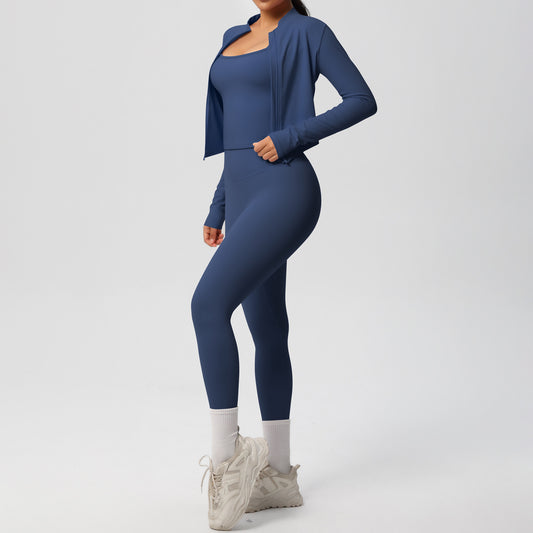 Skinny Yoga Pants High Waist Nude Feel Camisole Sports Zip Long Sleeve Coat Workout Clothes Three Piece Set - Iyanka