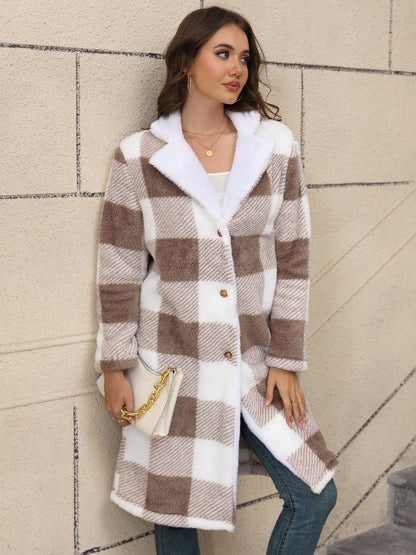 Thickened Two Tone Plush Mid Length Hooded Button Cardigan Coat Overcoat - Iyanka
