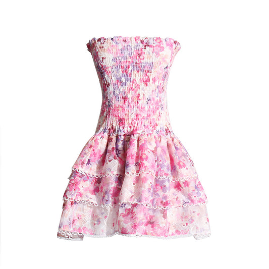Seaside Beach Vacation Summer Tube Top Floral Print Slim Fit Ruffled Dress for Women