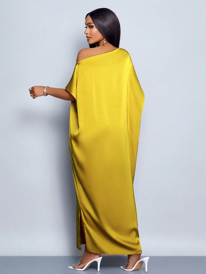 Women Clothing Early Autumn Satin Dress Yellow Satin Maxi Dress - Iyanka