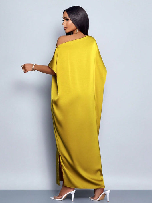 Women Clothing Early Autumn Satin Dress Yellow Satin Maxi Dress - Iyanka