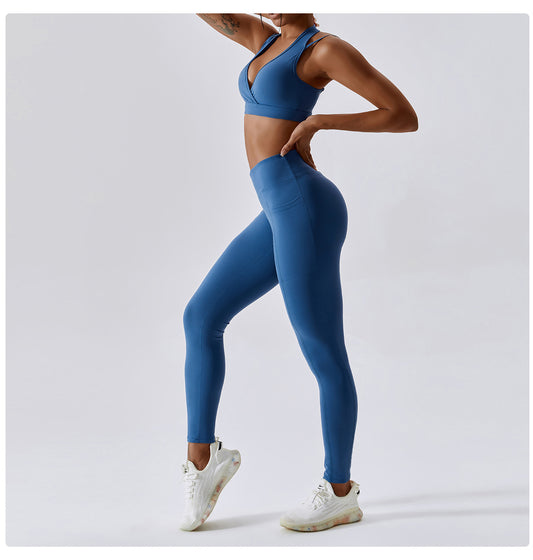Nude Feel Yoga Pants Hip Lifting Pocket Quick Drying Fitness Pants Criss Cross Waist Head Skinny Running Sports Pants Women - Iyanka