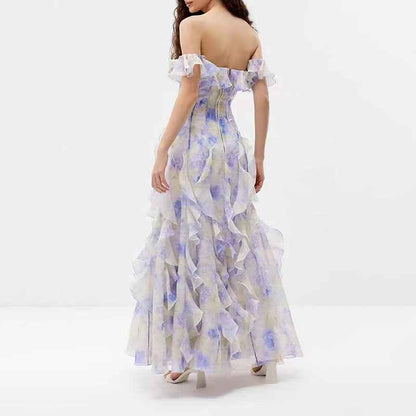 Fairy Floral God Tube Top Printed Ruffled Dress Summer Formal Wear with Waist Control and Large Hem for Women