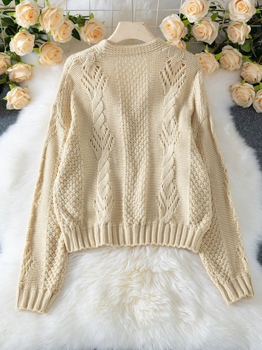 Autumn Winter Cardigan Long Sleeved Button Loose Crochet Hollow Out Cutout out Sweater Women - Iyanka