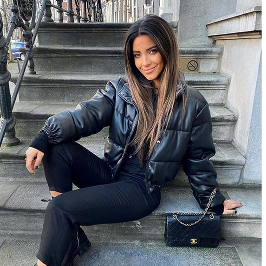 Autumn Winter Leather Coat Women Stand Collar Short Warm Bread Cotton Padded Jacket - Iyanka