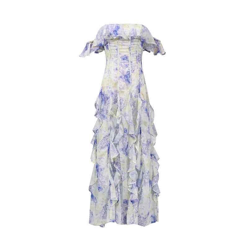 Fairy Floral God Tube Top Printed Ruffled Dress Summer Formal Wear with Waist Control and Large Hem for Women