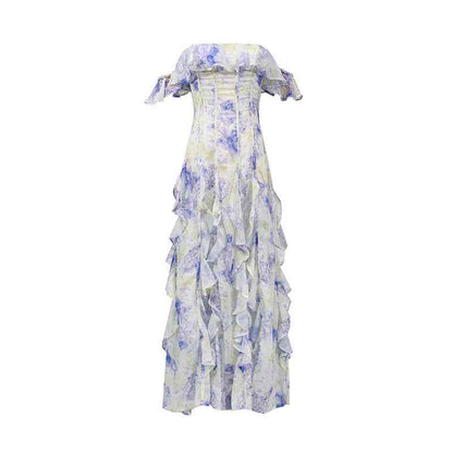 Fairy Floral God Tube Top Printed Ruffled Dress Summer Formal Wear with Waist Control and Large Hem for Women