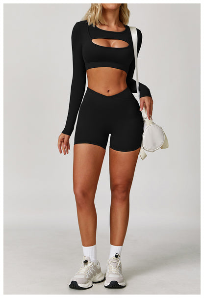 Nude Feel Tight Yoga Long Sleeve Shockproof Sports Hollow Out Cutout T shirt Running Workout Yoga Top - Iyanka