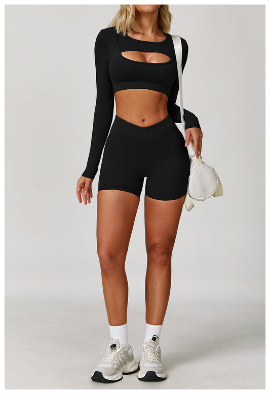 Nude Feel Tight Yoga Long Sleeve Shockproof Sports Hollow Out Cutout T shirt Running Workout Yoga Top - Iyanka